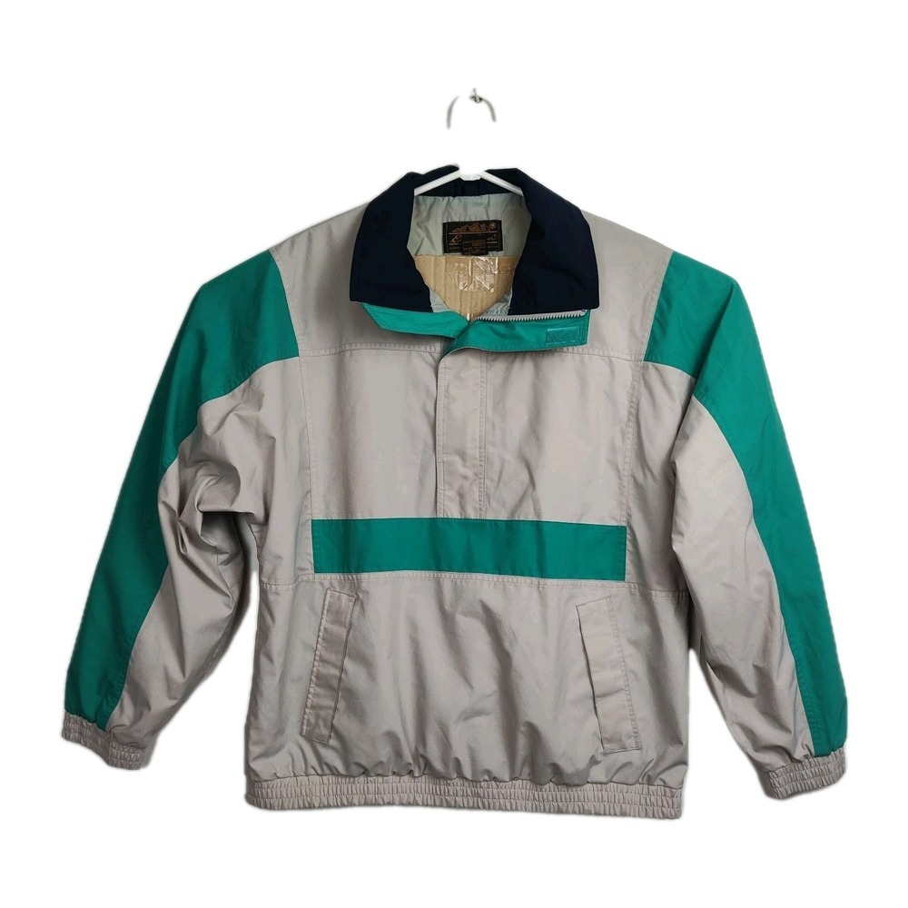 Vintage Eddie Bauer Windbreaker Jacket Men's L Khaki with Green, Blue‎ Accents